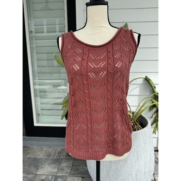 Women’s Sleeveless Knit Tank Top Lace Open Weave Boho Cottagecore Rust Red XS/SM - Picture 1 of 6